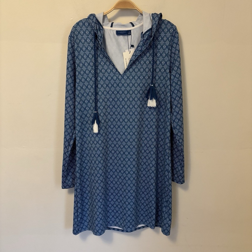 NEW Cabana Life Women's Hooded Cover Up Dress Large Blue Boho UPF 50+
